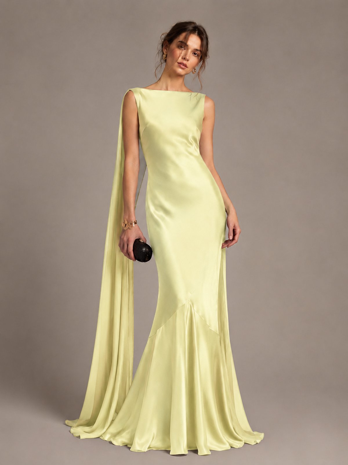 Burgundy Satin Mermaid Cape Maxi Dress