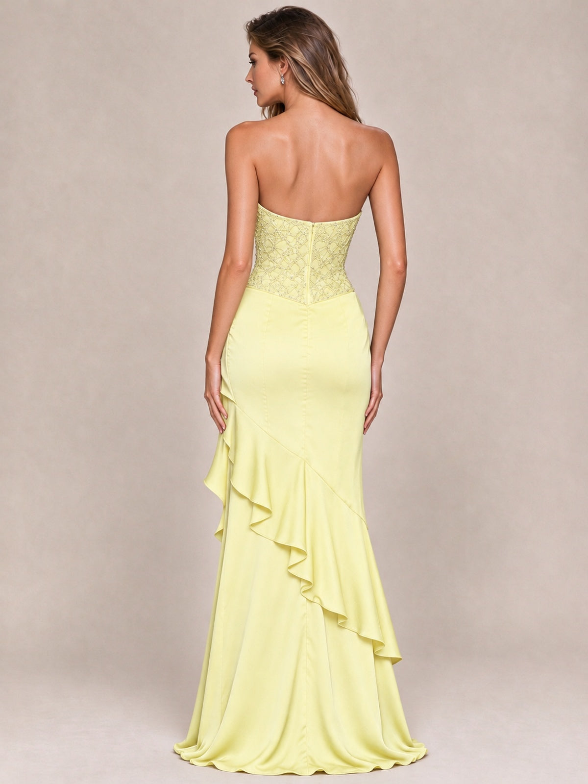 Strapless Lace Appliques Corset Satin Prom Dress Ruffle Slit Evening Gown