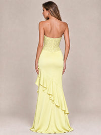 Strapless Lace Appliques Corset Satin Prom Dress Ruffle Slit Evening Gown