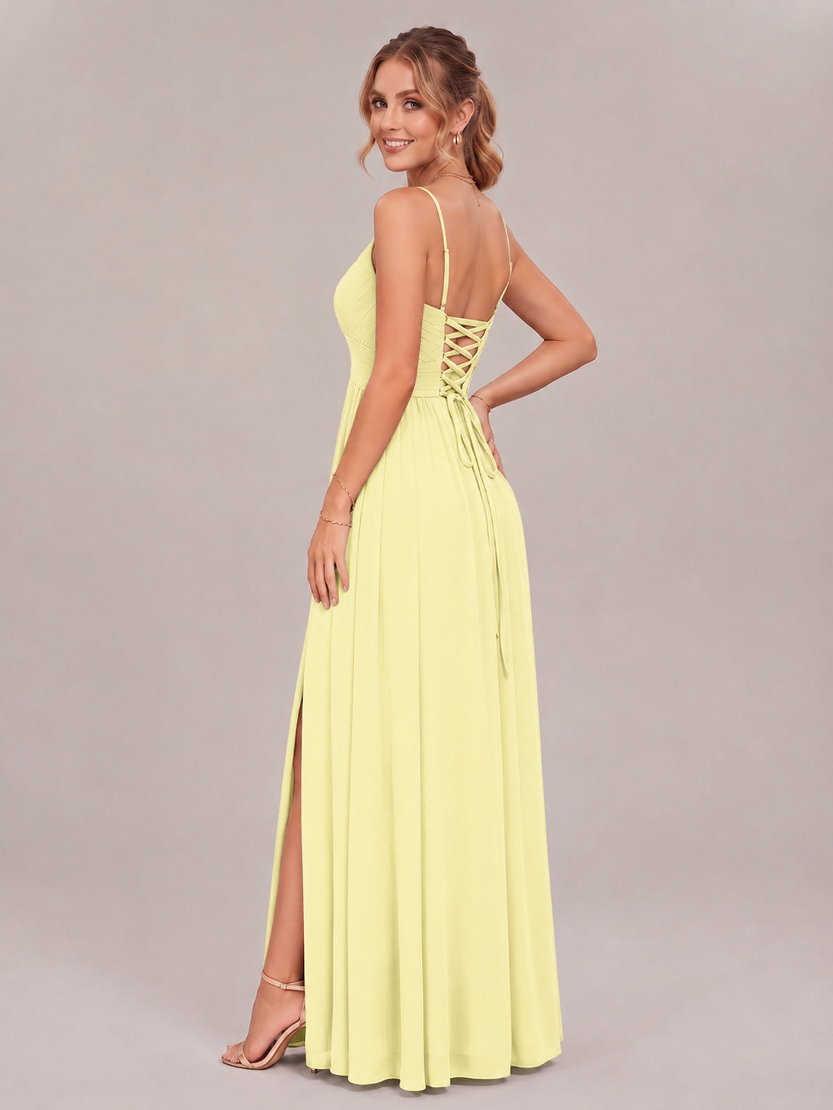 V-Neck Pleated Chiffon Long Bridesmaid Dress with Slit