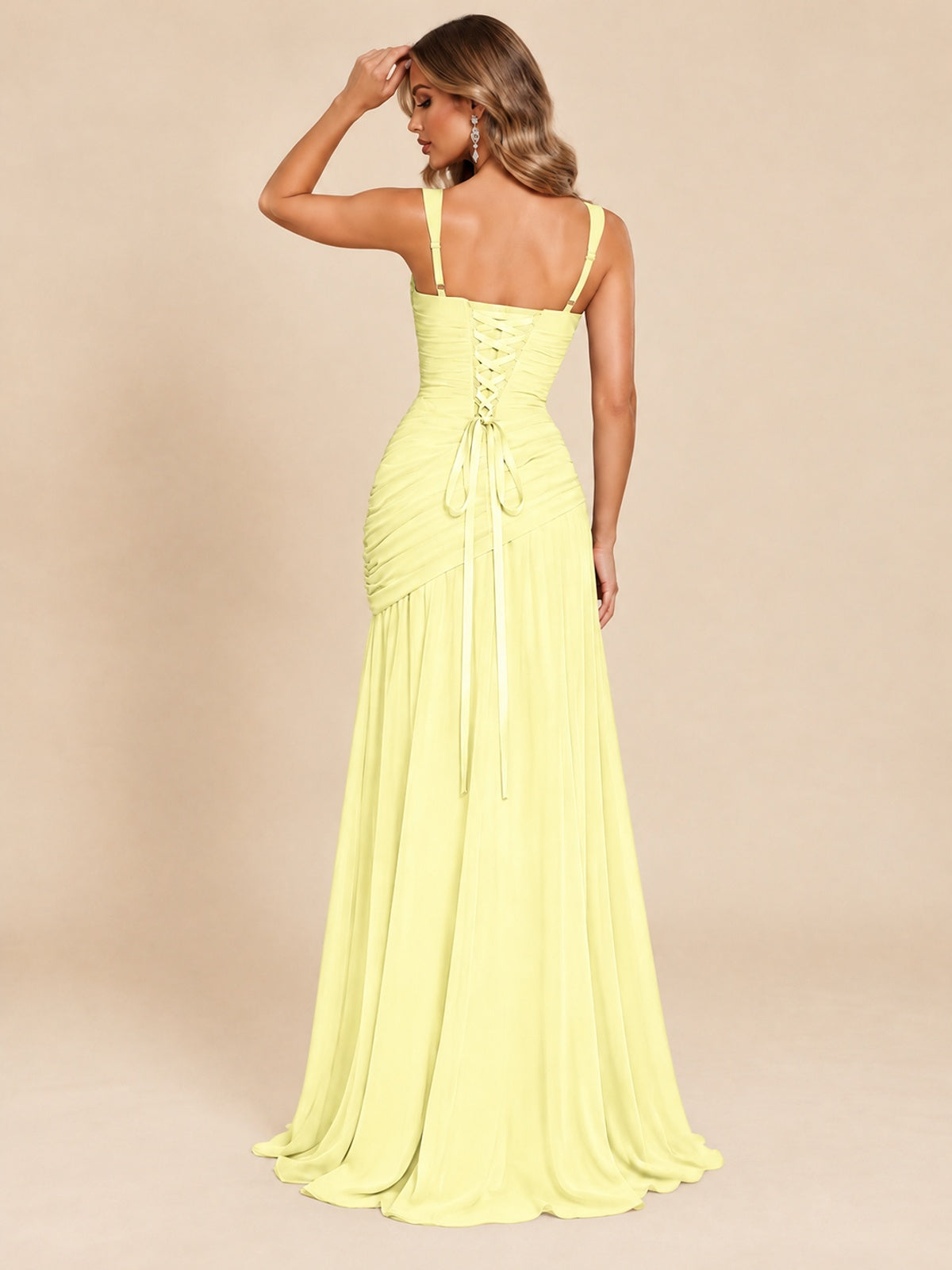 Wrap Pleated Prom Dress Scoop Neck with Slit Women Wedding Formal Dress