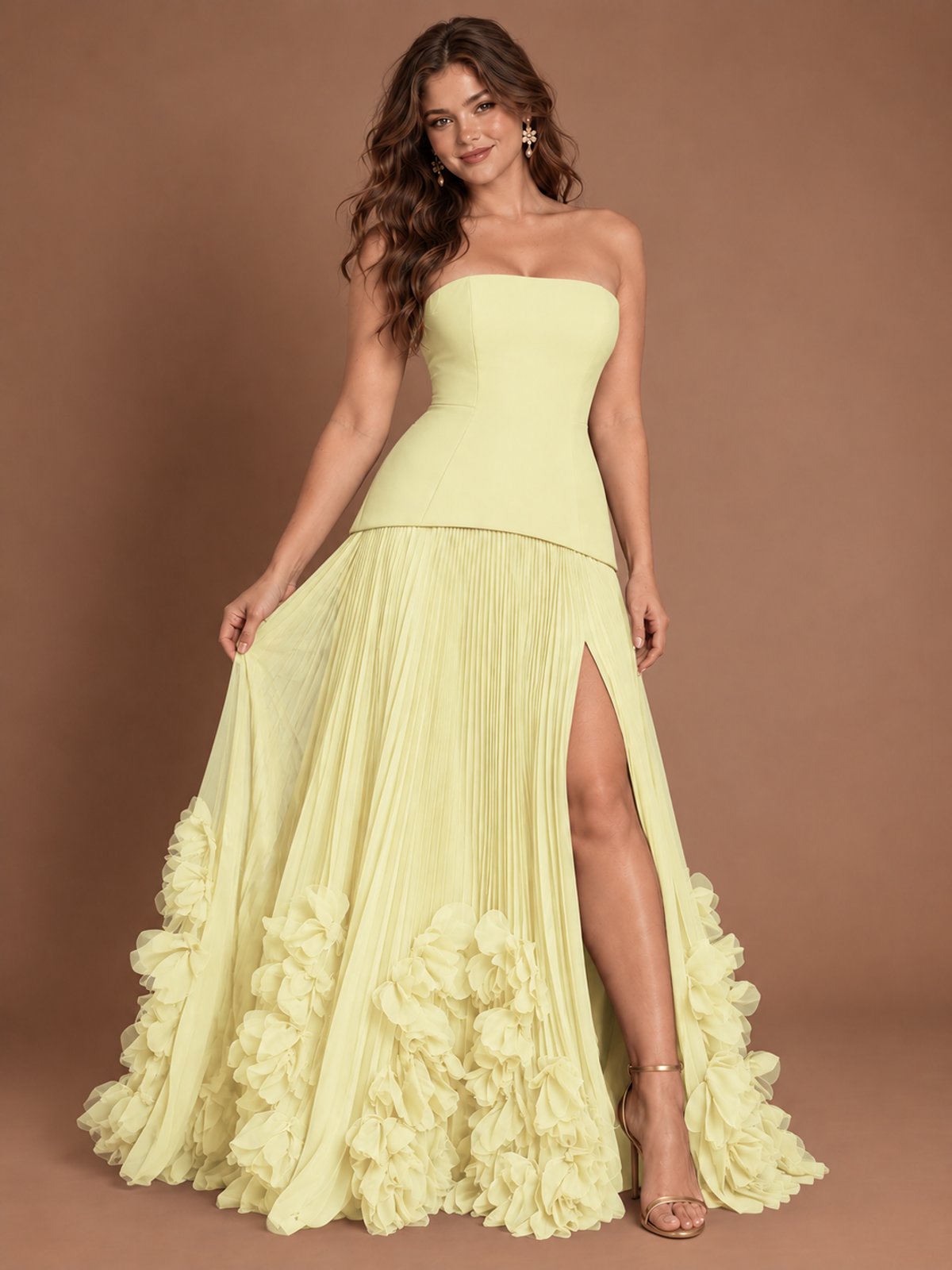 Strapless Pleated Floral Satin Formal Dress with Side Slit