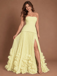 Strapless Pleated Floral Satin Formal Dress with Side Slit