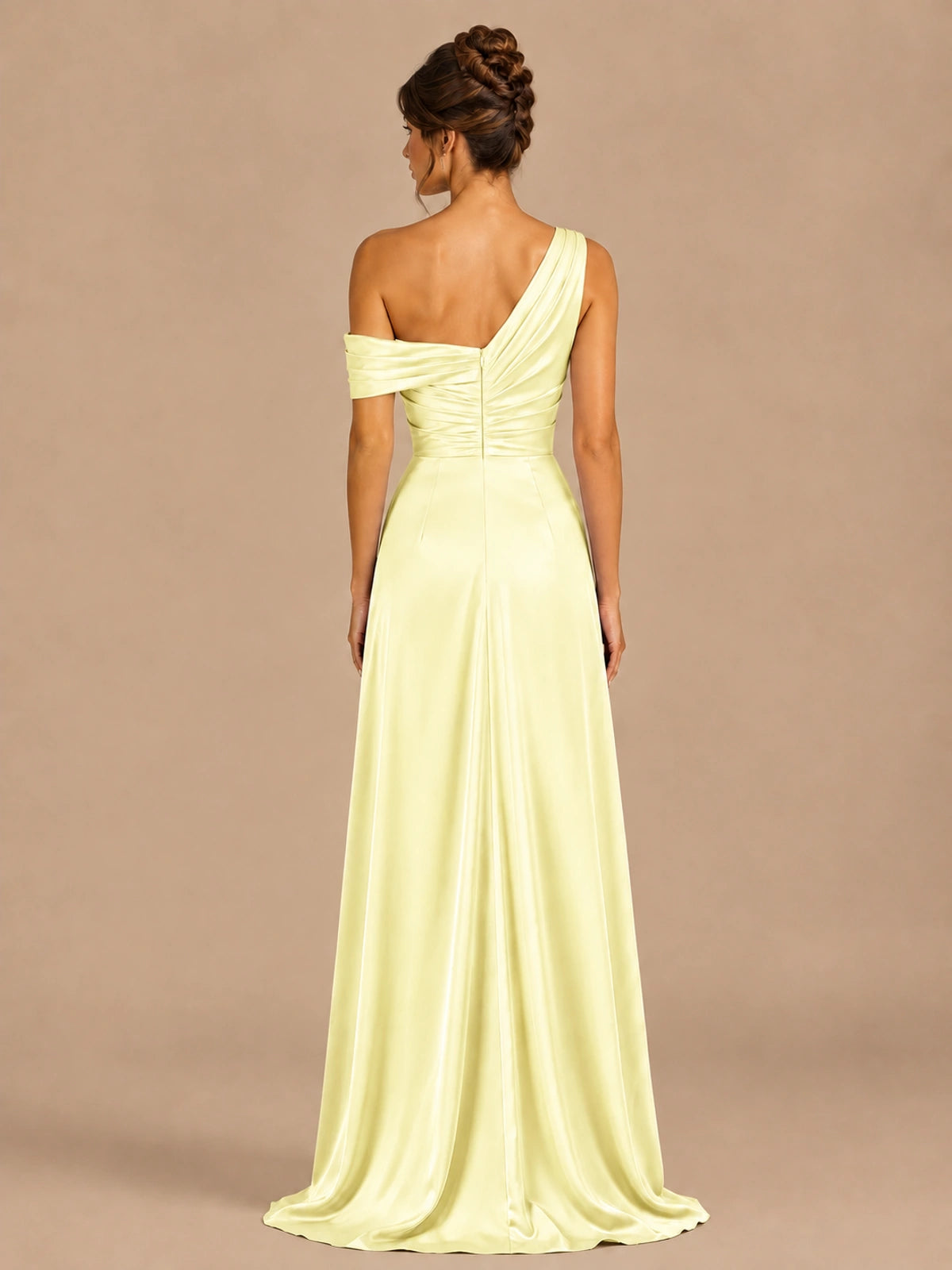 Satin One Shoulder Prom Dress Ruched Long Formal Evening Gown