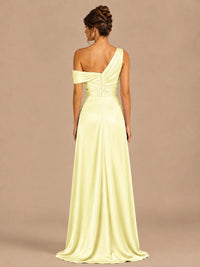 Satin One Shoulder Prom Dress Ruched Long Formal Evening Gown