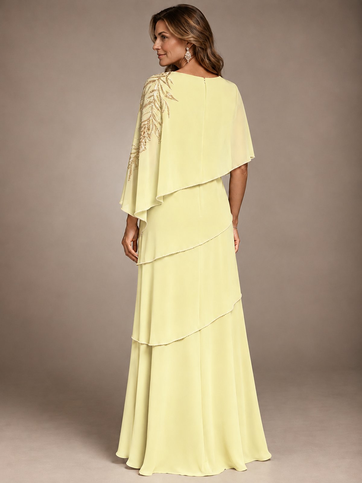 Elegant Chiffon Cape Sleeve Beaded Mother of the Bride Dress