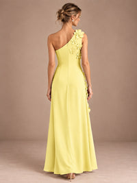 Sage Green One Shoulder Satin Formal Maxi Dress with 3D Floral
