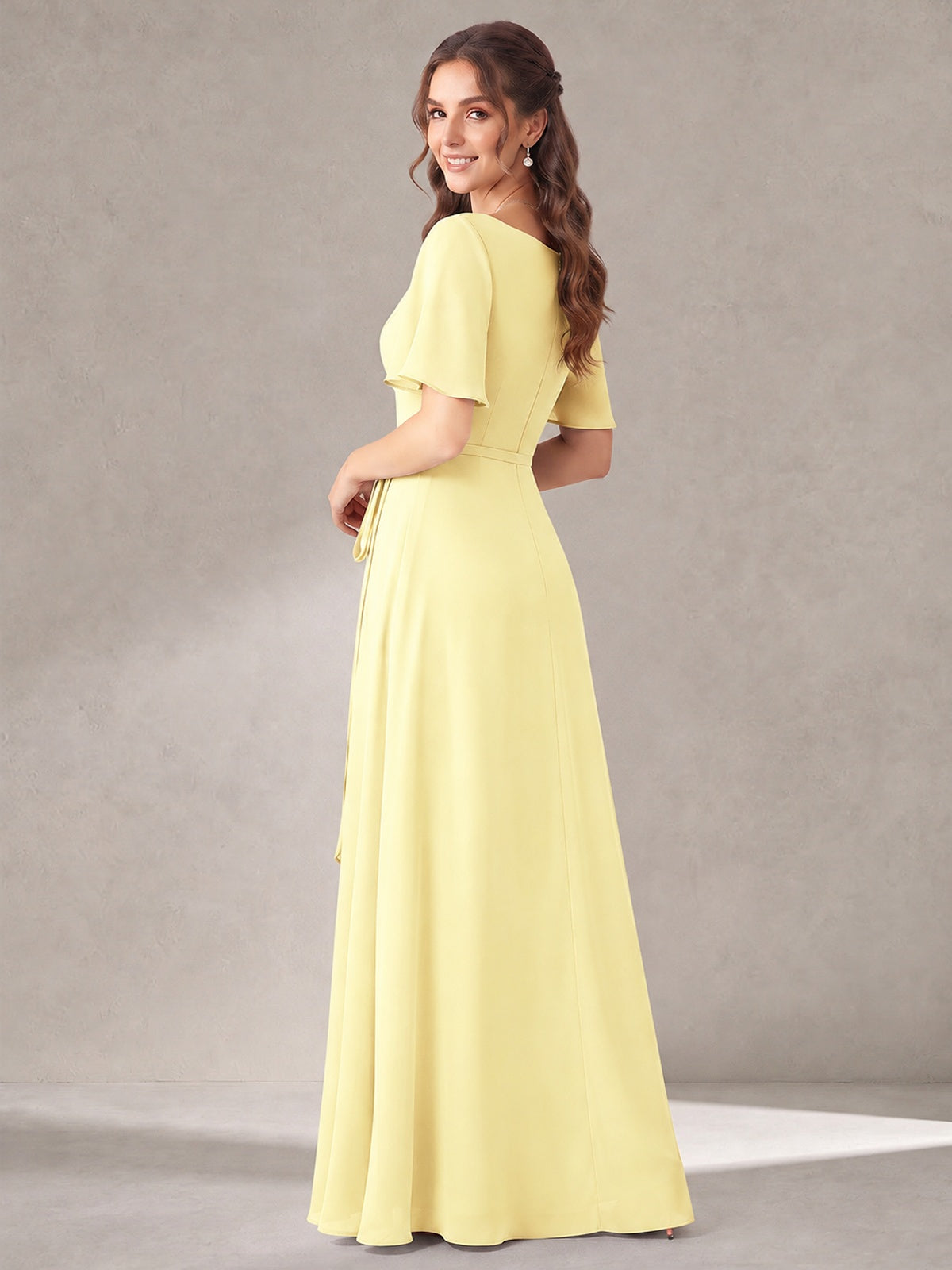 Scoop Neck A-line Chiffon Bridesmaid Dress with Flutter Sleeve & Belt