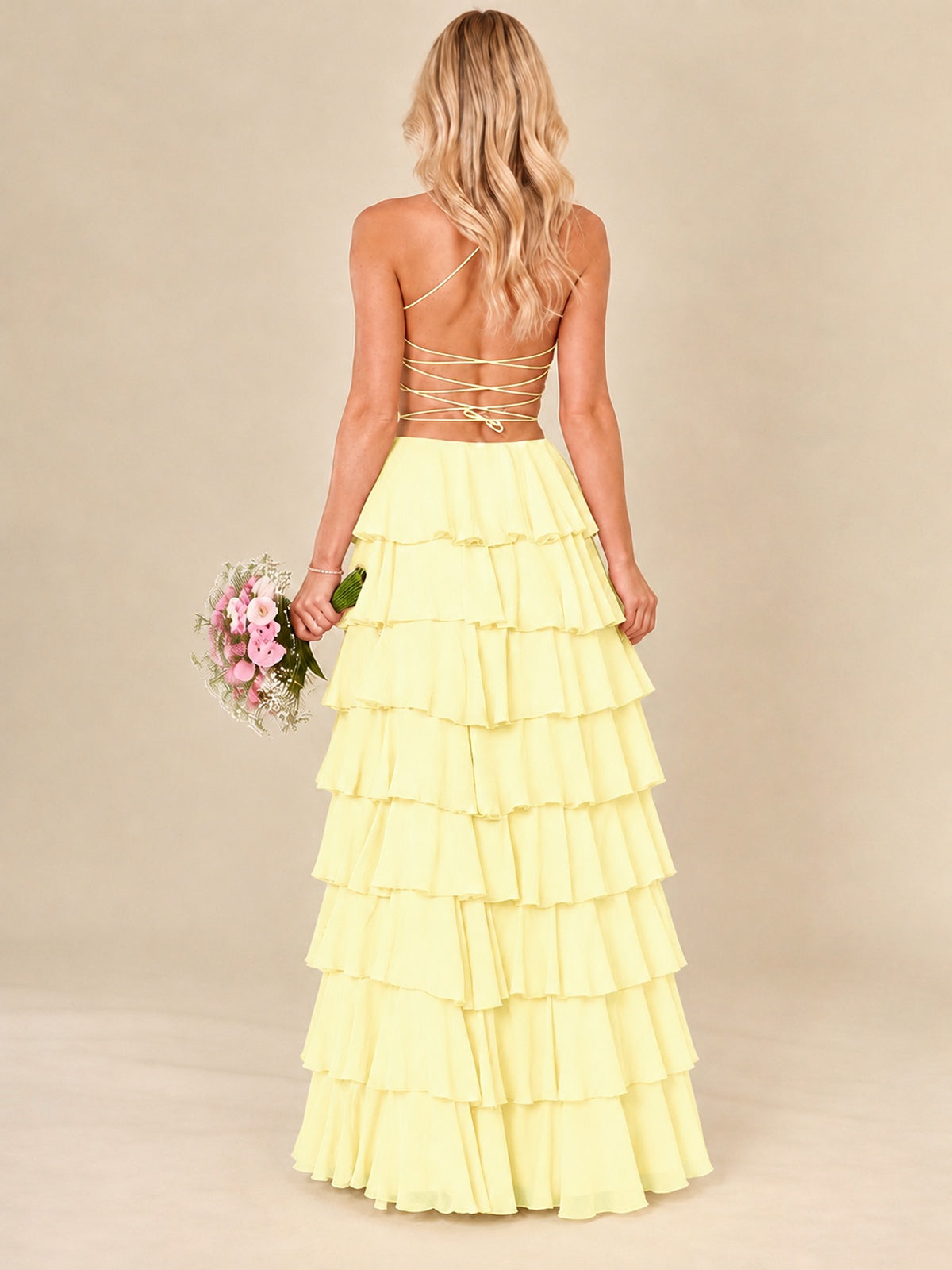 Ruffled Tiered Chiffon Prom Dress Spaghetti Straps Formal Maxi Dress with Slit