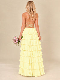 Ruffled Tiered Chiffon Prom Dress Spaghetti Straps Formal Maxi Dress with Slit