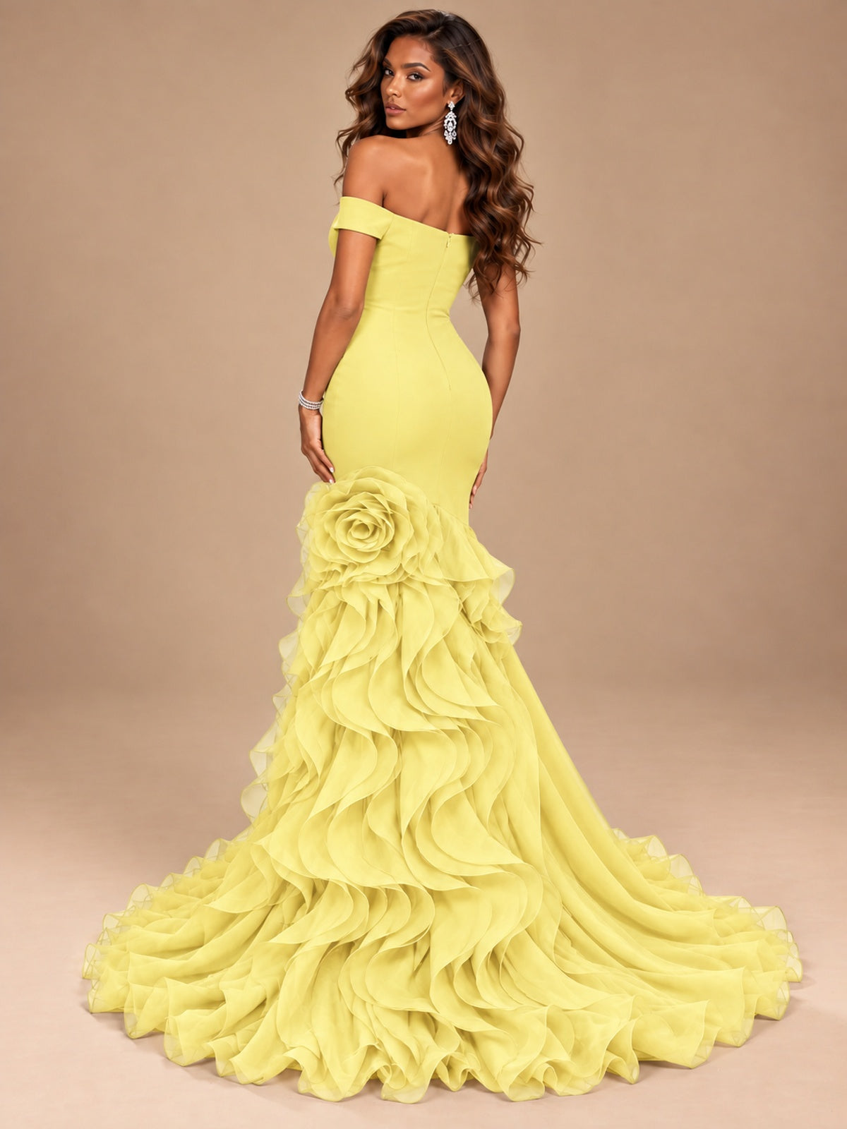 Dusty Blue Off-the-Shoulder Mermaid Prom Dress with 3D Rose & Ruffles
