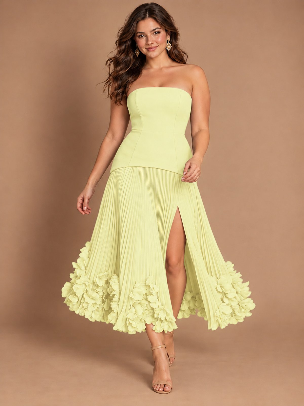 Navy Blue Strapless Pleated A-Line Midi Dress with 3D Floral Applique
