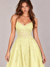 Lace Applique Satin A-Line Prom Dress with Sheer Bodice