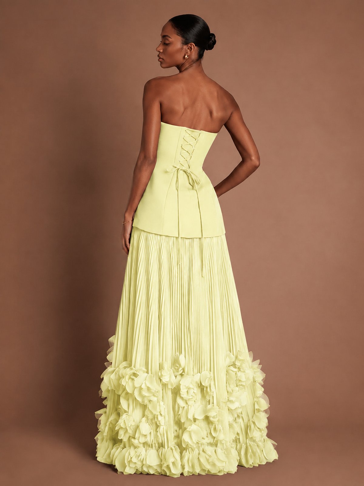 Strapless Pleated Floral Satin Formal Dress with Side Slit