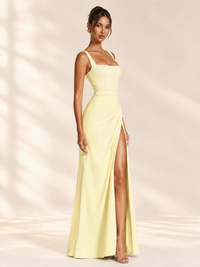 Square Neck Satin Sleeveless Ruched Prom Dress with High Slit