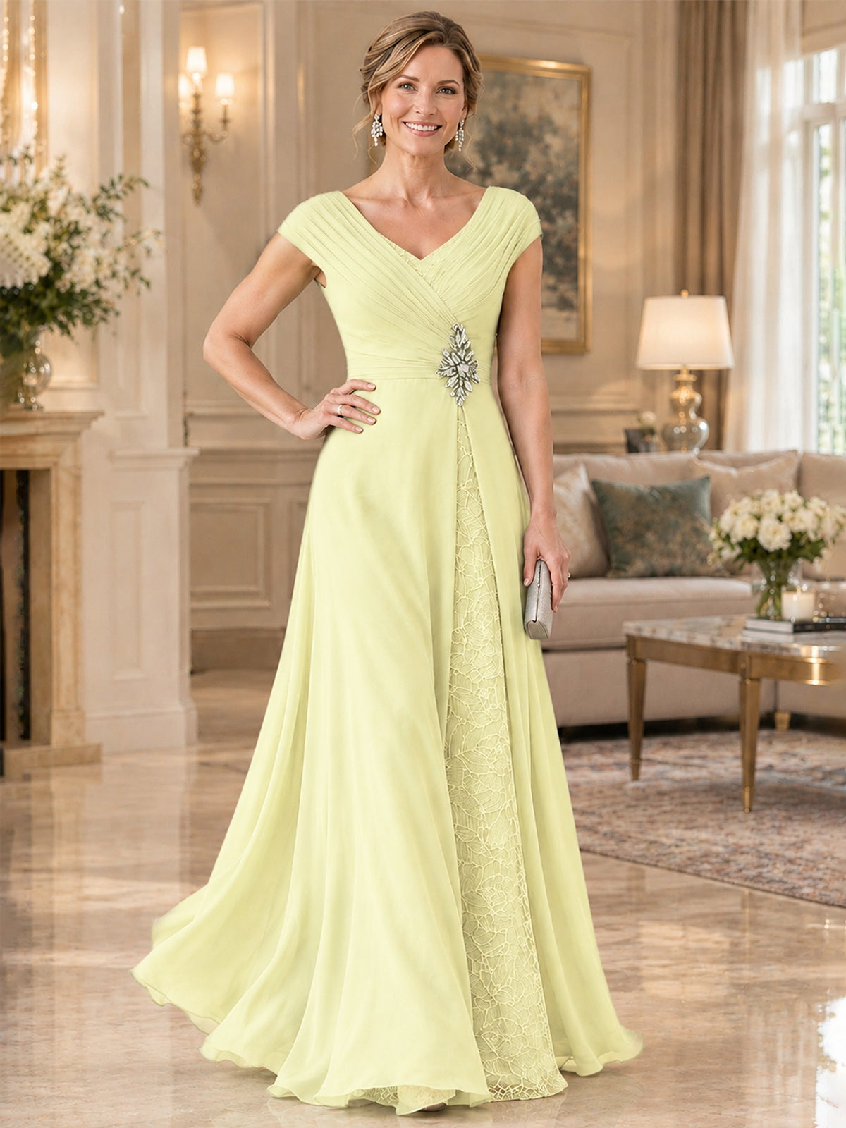 Pleated Chiffon Lace Mother of The Bride Dresses with Beading Cap Sleeves