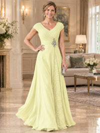 Pleated Chiffon Lace Mother of The Bride Dresses with Beading Cap Sleeves