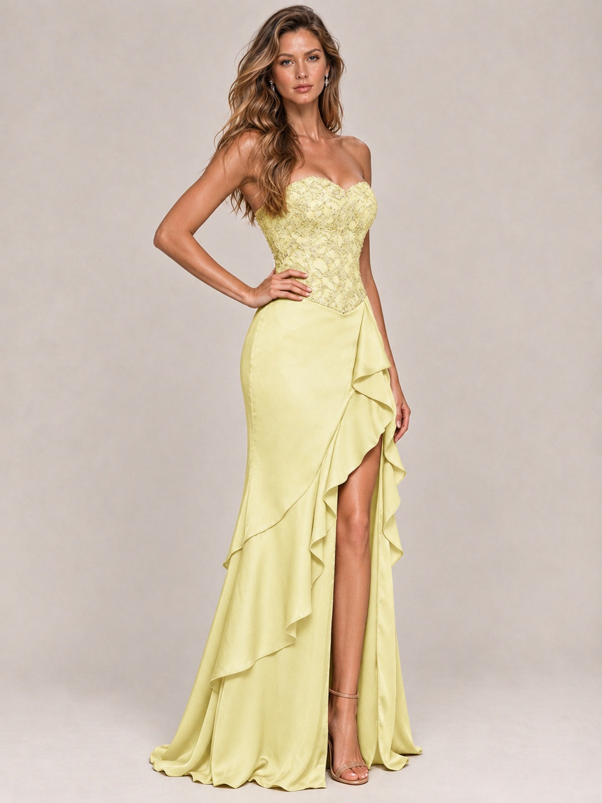 Strapless Lace Appliques Corset Satin Prom Dress Ruffle Slit Evening Gown