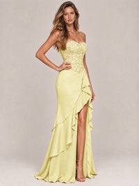 Strapless Lace Appliques Corset Satin Prom Dress Ruffle Slit Evening Gown