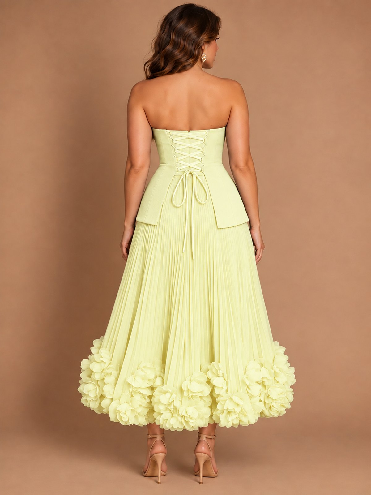 Navy Blue Strapless Pleated A-Line Midi Dress with 3D Floral Applique