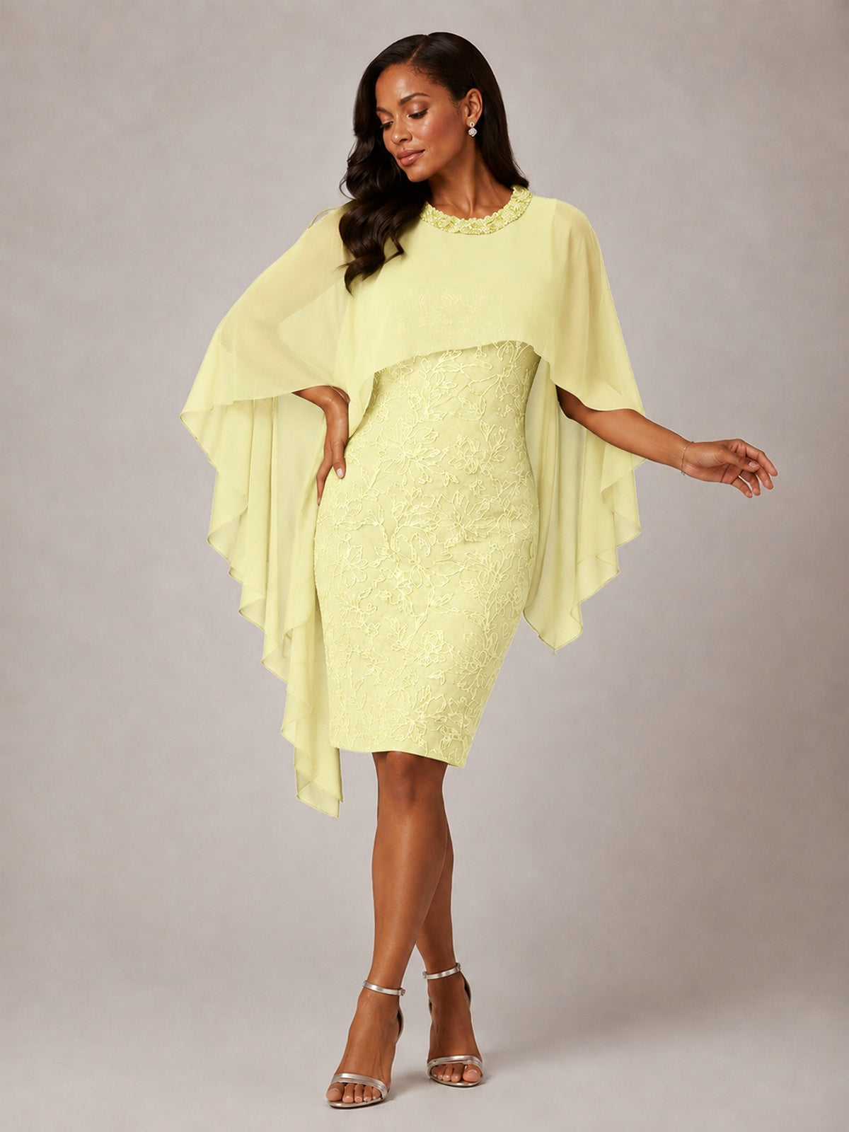 Floral Sheath Mother of the Bride Dress with Cape Overlay