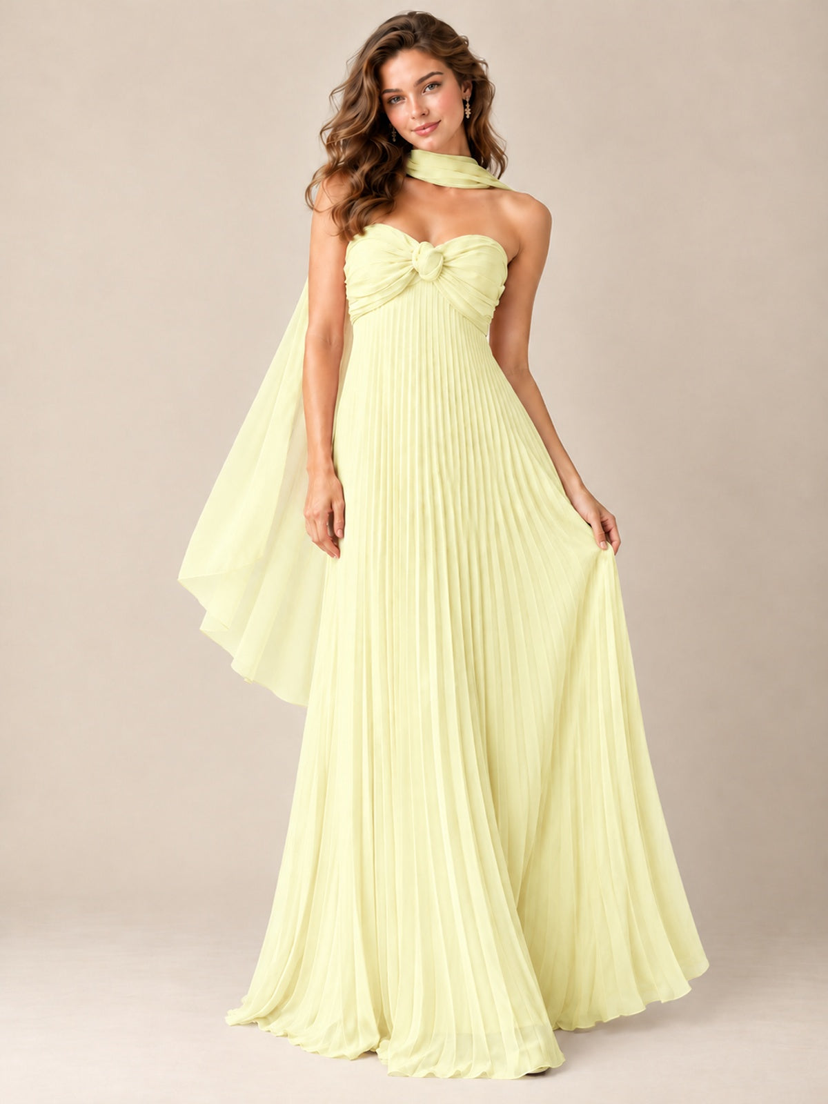 Sweetheart Neckline Pleated Prom Dress Strapless A-line Formal Dress with Flowy Scarf