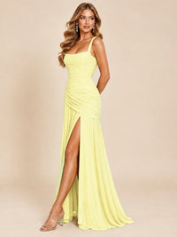Wrap Pleated Prom Dress Scoop Neck with Slit Women Wedding Formal Dress