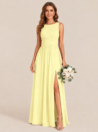 A-line Sleeveless Rucehd Chiffon Bridesmaid Dress with High Slit