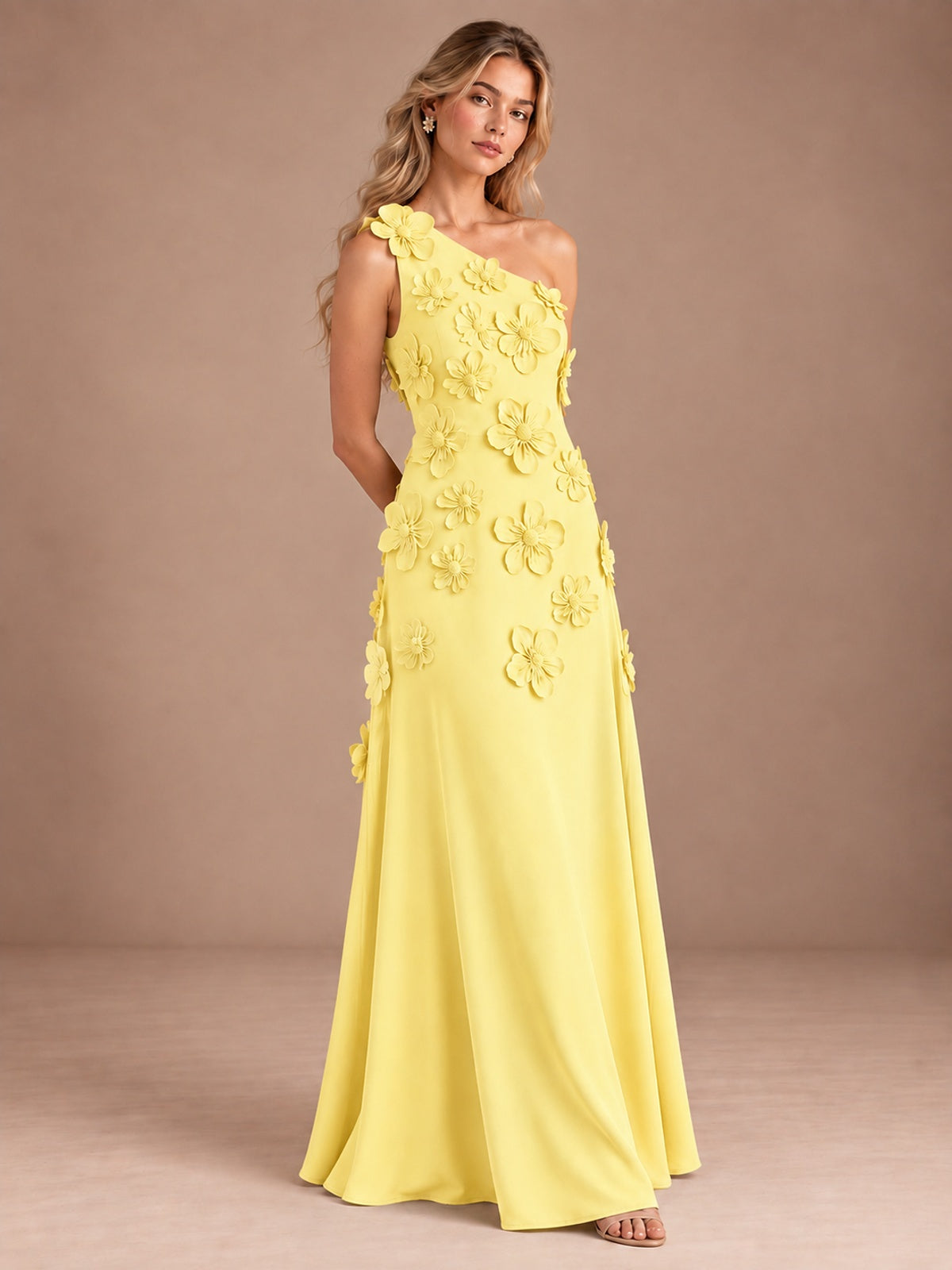 Sage Green One Shoulder Satin Formal Maxi Dress with 3D Floral