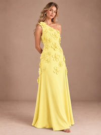 Sage Green One Shoulder Satin Formal Maxi Dress with 3D Floral
