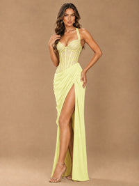 Sweetheart Halter Prom Dress Pleated Lace Floral Formal Dress with Slit