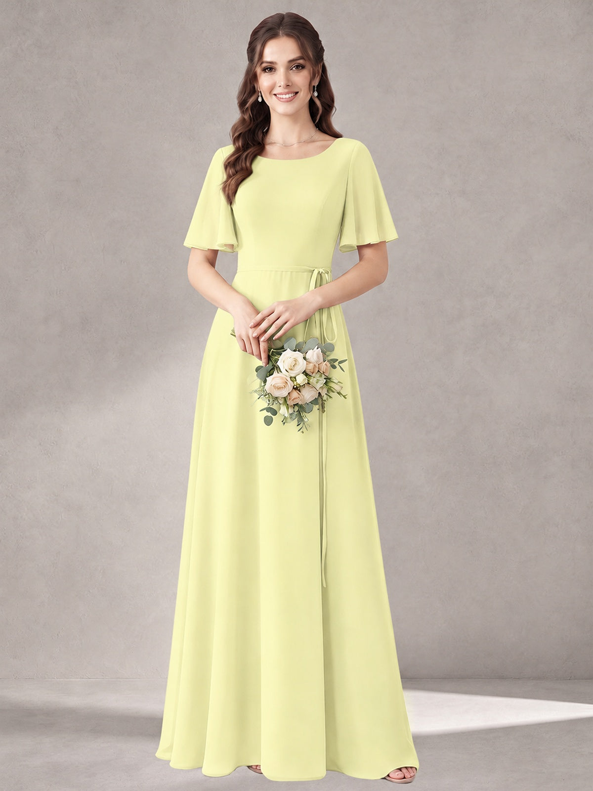 Scoop Neck A-line Chiffon Bridesmaid Dress with Flutter Sleeve & Belt