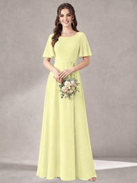 Scoop Neck A-line Chiffon Bridesmaid Dress with Flutter Sleeve & Belt