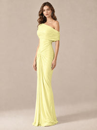 Elegant Draped Off Shoulder Ruched Mermaid Chiffon Formal Evening Gown