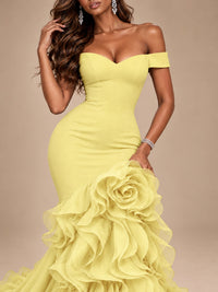 Dusty Blue Off-the-Shoulder Mermaid Prom Dress with 3D Rose & Ruffles