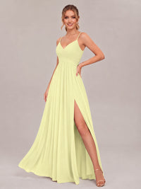 V-Neck Pleated Chiffon Long Bridesmaid Dress with Slit