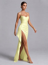 Square Neck Satin Long Prom Dress with Ruffles