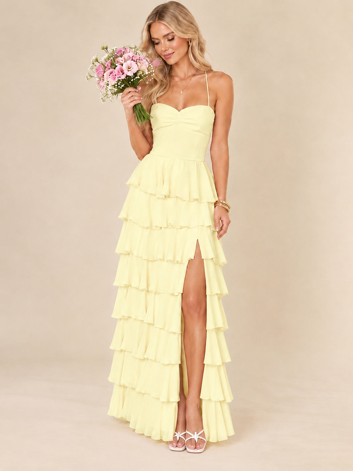 Ruffled Tiered Chiffon Prom Dress Spaghetti Straps Formal Maxi Dress with Slit