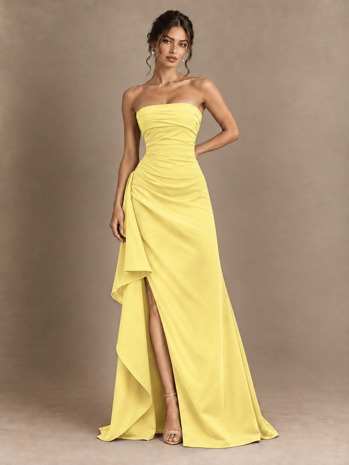 Black and White Strapless Ruched Prom Dress with High Slit & Side Drape