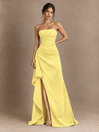 Black and White Strapless Ruched Prom Dress with High Slit & Side Drape