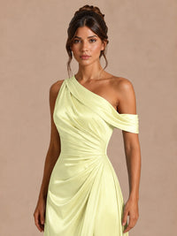 Satin One Shoulder Prom Dress Ruched Long Formal Evening Gown