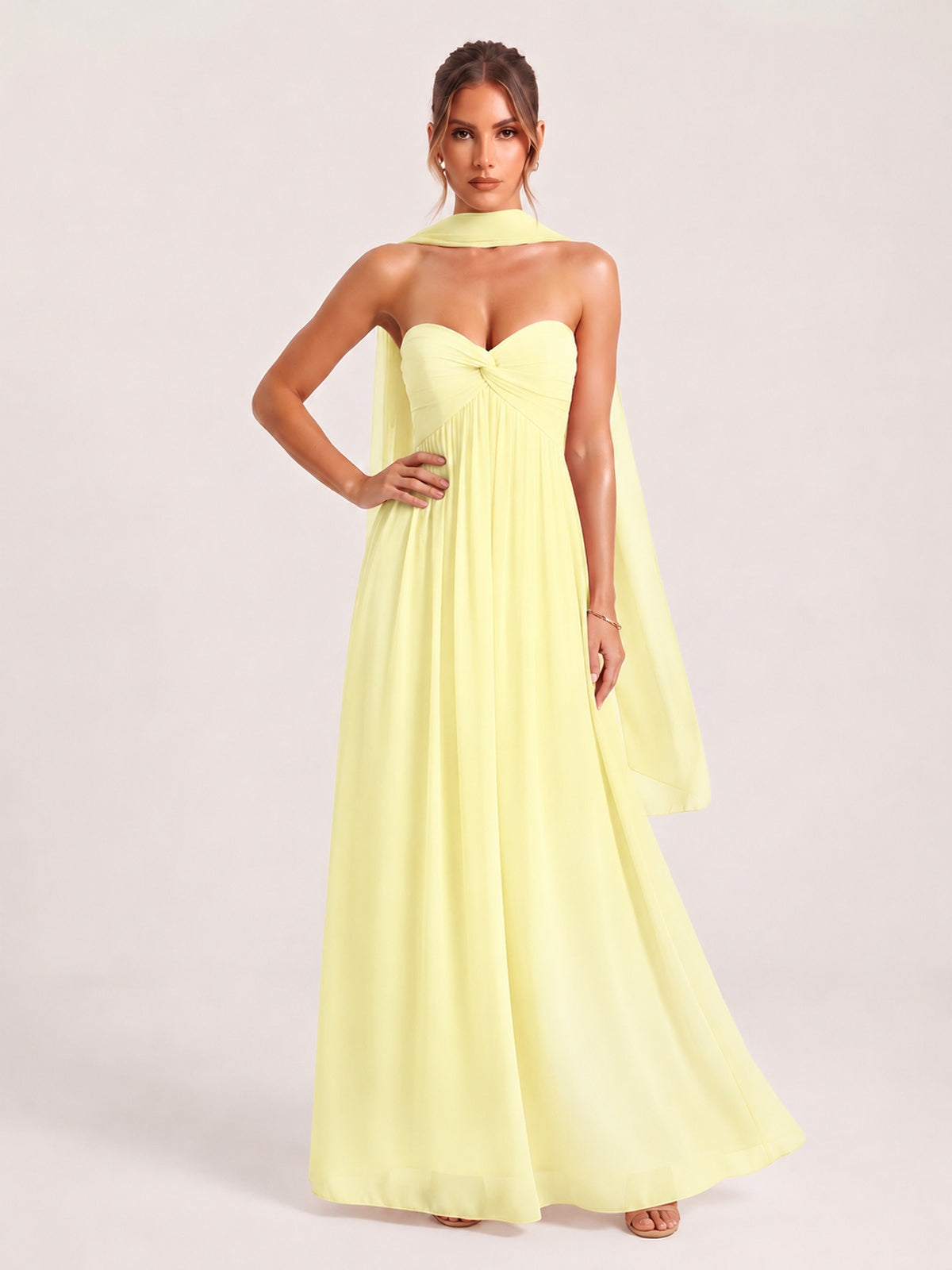 Strapless Ruched Chiffon Long Prom Dress with Scarf