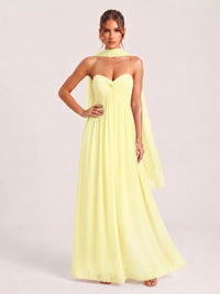 Strapless Ruched Chiffon Long Prom Dress with Scarf