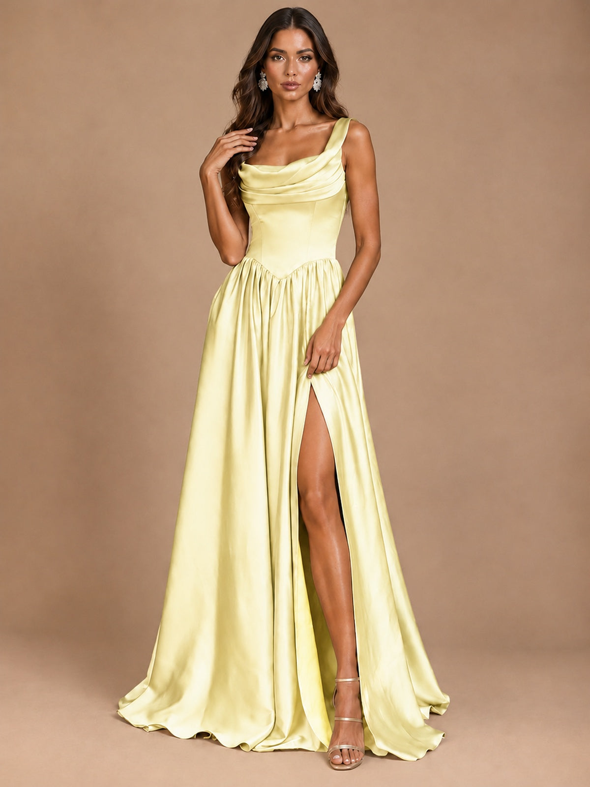 Cowl Neck Pleated Satin Prom Dress with Pockets & Slit Maxi Formal Gowns