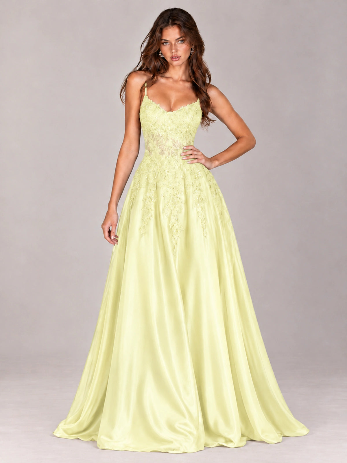 Lace Applique Satin A-Line Prom Dress with Sheer Bodice