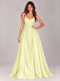 Lace Applique Satin A-Line Prom Dress with Sheer Bodice