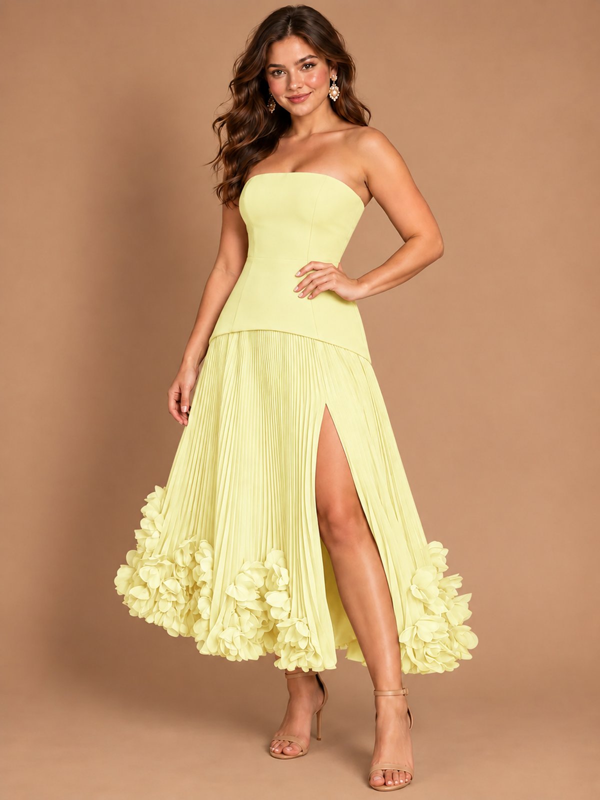 Navy Blue Strapless Pleated A-Line Midi Dress with 3D Floral Applique