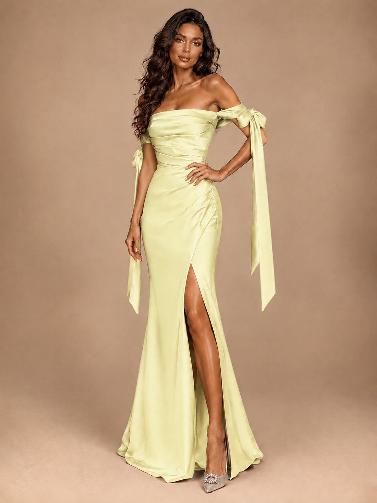 Off The Shuolder Satin Prom Dress Slit Mermaid Formal Gowns