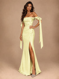 Off The Shuolder Satin Prom Dress Slit Mermaid Formal Gowns