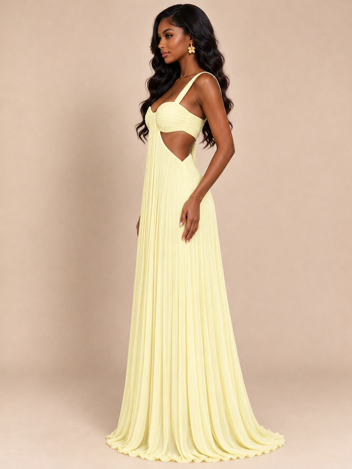 Butter Yellow Pleated Cutout Maxi Dress